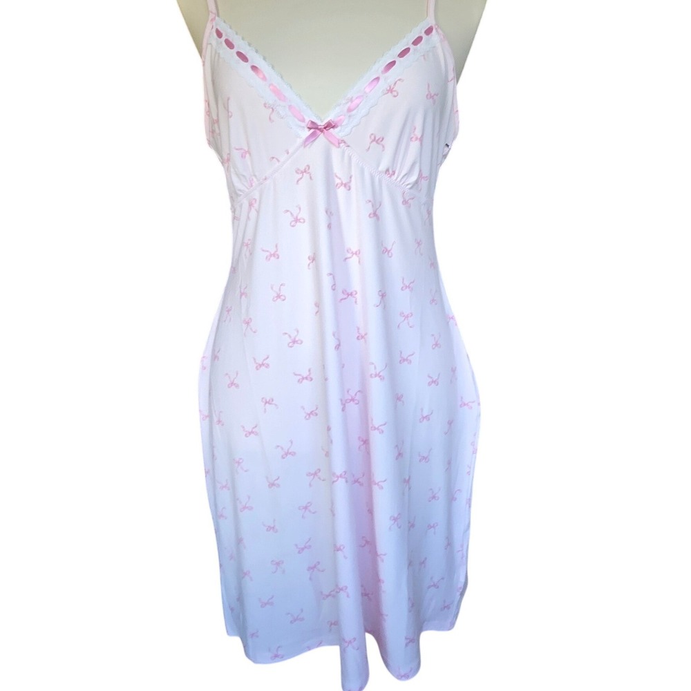 Laura Ashley Nightgown Womens XL Pink New Bow Print Lace Trim Chemise LS3134D